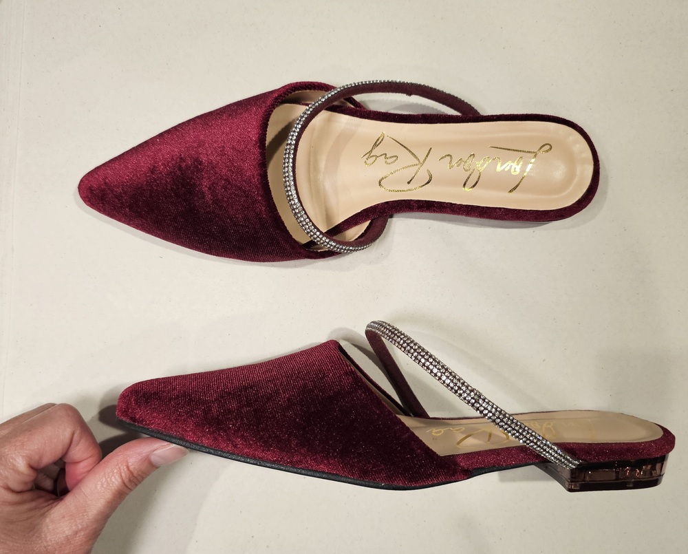 London Rag Turnon Mules Women's 9 Velvet Crystal Embellished Strap Flat